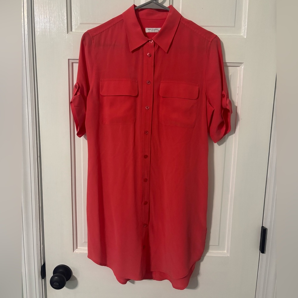 Equipment Shirt Dress 100% Silk XS Salmon Button Down